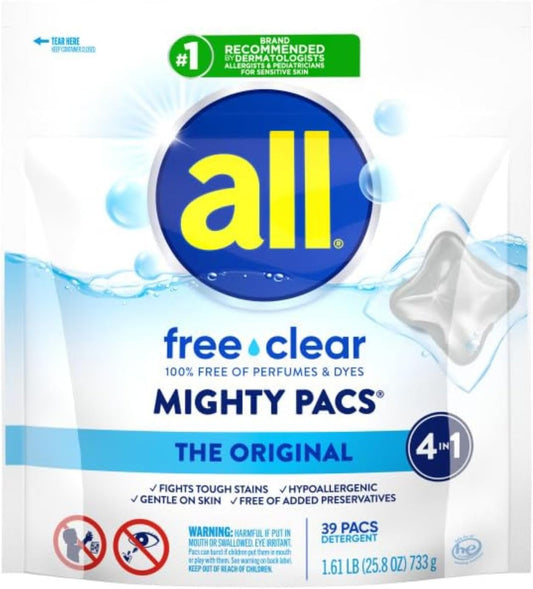 All Mighty Laundry Detergent Pacs, Free Clear For Sensitive Skin, Unscented And No Dye, 39 Count