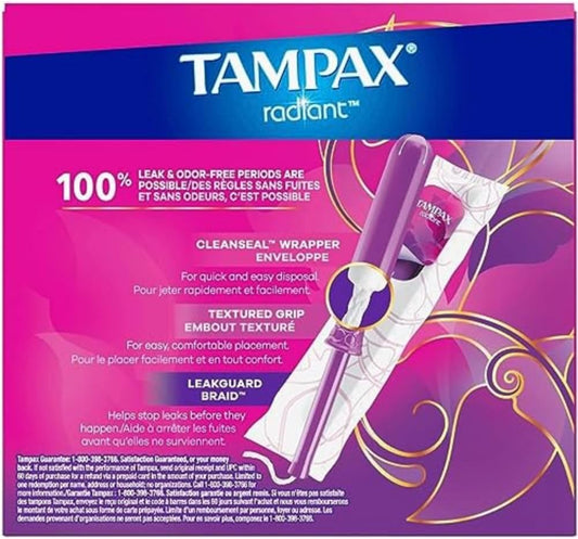 Tampax Radiant Tampons With Leakguard Braid, Super Plus Absorbency, Unscented, 28 Count X 3 Pack (84 Count Total)