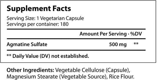 Agmatine Sulfate 500Mg - 180 Veg Caps | Pre-Workout | Nitric Oxide Supplement | Strength & Focus Booster | Supports Muscle Recovery