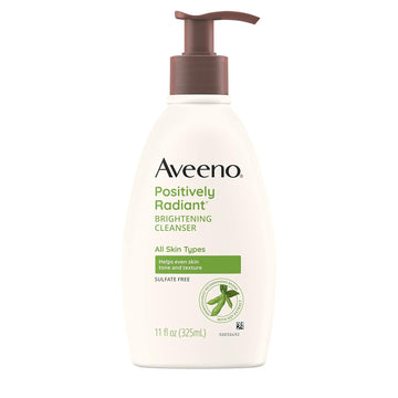 Aveeno Positively Radiant Brightening Facial Cleanser For Sensitive Skin, Targets Dull Skin, Moisture Rich Soy Extract, Non-Comedogenic, Oil- & Soap-Free, Hypoallergenic, 11 Fl. Oz