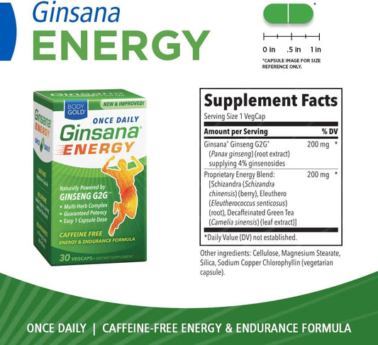 Body Gold Ginsana Energy, Once Daily | Panax Ginseng Extract w/Energizing Herbal Blend for Focus & Endurance | No Caffeine (30 CT, 3pk)