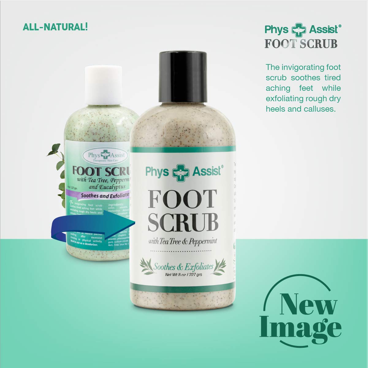 PhysAssist Foot Scrub 8 oz. with Tea Tree, Peppermint Soothes and Exfoliates Promoting a Deep Cooling Sensation Leaving Feet Feeling Calm and Refreshed. : Beauty & Personal Care