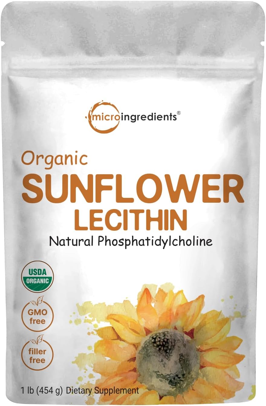 Micro Ingredients Organic Sunflower Lecithin Powder, 1 Pound, Sustainable Farmed, Cold Pressed, Rich In Phosphatidyl Choline And Protein, Making Liposomal Vitamin C, Lactation Supplement, Non-Gmo