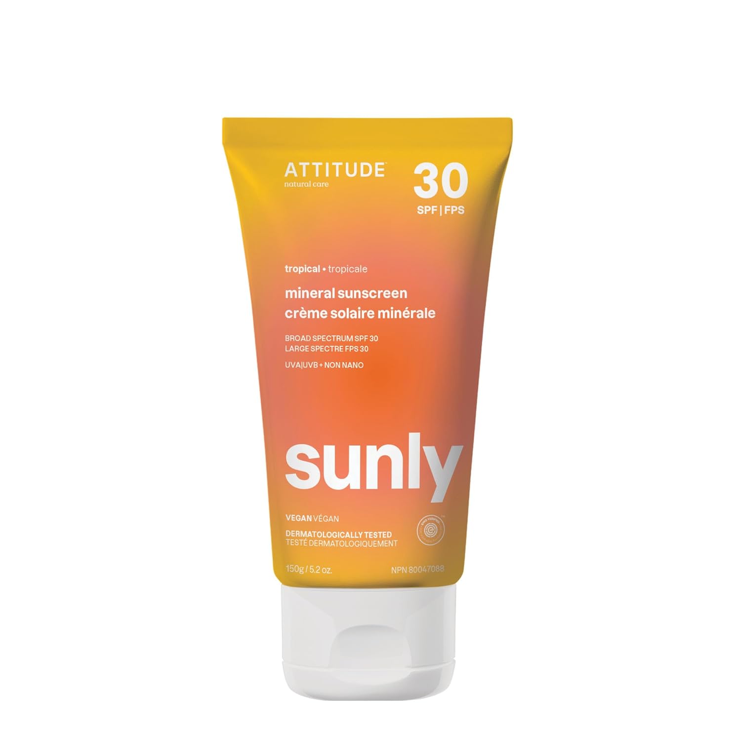 Attitude Mineral Sunscreen With Zinc Oxide, Spf 30, Ewg Verified, Broad Spectrum Uva/Uvb Protection, Dermatologically Tested, Vegan, Tropical, 5.2 Ounces