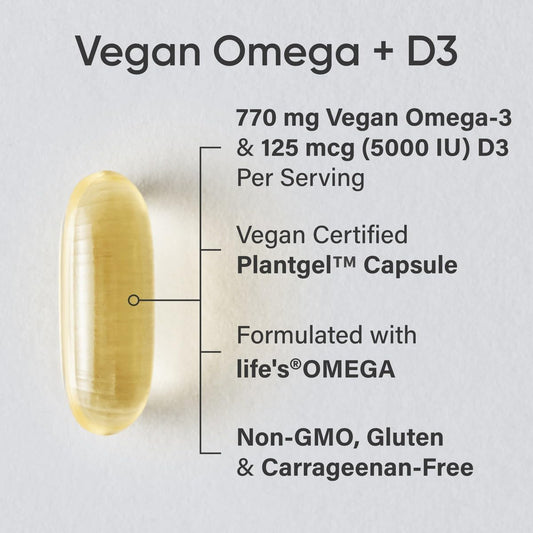 Sports Research Vegan Omega-3 With Vitamin D3 Softgels - 630Mg Epa+Dha & 125Mcg D3 Supplement - Fish Oil Alternative W/Vitamin D - Plant-Based Support From Algae Oil - Fresh Lemon Scent - 60 Veggie