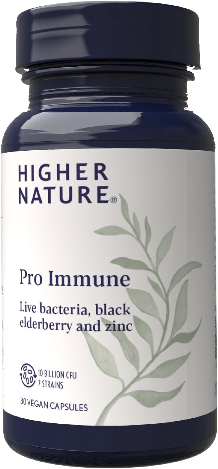 Higher Nature - Pro Immune - Triple Action Immune Support Probiotic - Live Bacteria, Black Elderberry And Zinc - 7 Bacteria Strains - 10 Billion Cfus - Vegan Probiotics - 30 Capsules
