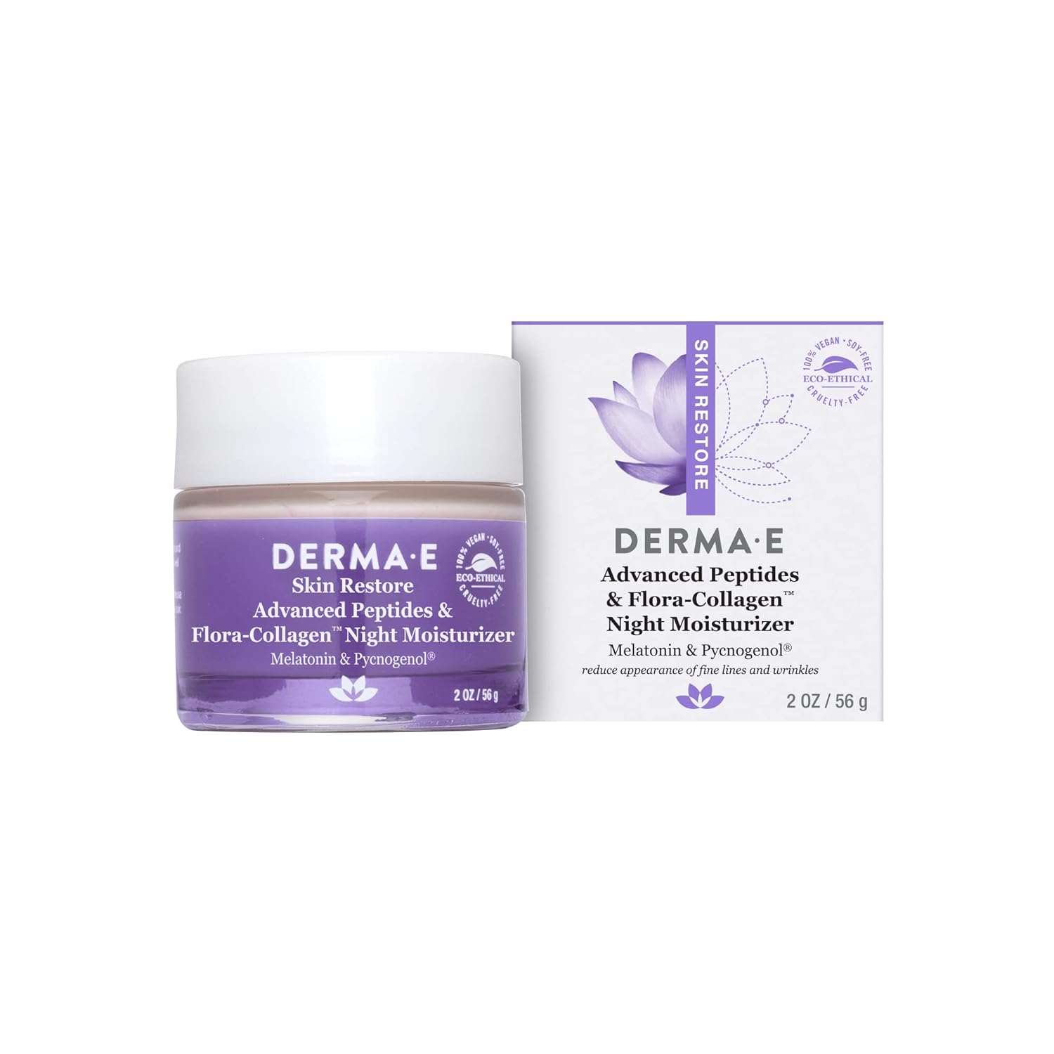 Derma E Advanced Peptides And Vegan Flora-Collagen Night Moisturizer – Hydrating Topical Facial Cream Improves Elasticity And Reduces Appearance Of Lines And Wrinkles, 2 Oz