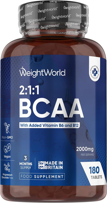 Bcaa Tablets 2000Mg - 180 Tablets - With Essential Amino Acids - Vitamin B6 & B12-3 Months Supply - 2:1:1 Ratio Bcaas - For Men & Women - Vegan & Non-Gmo