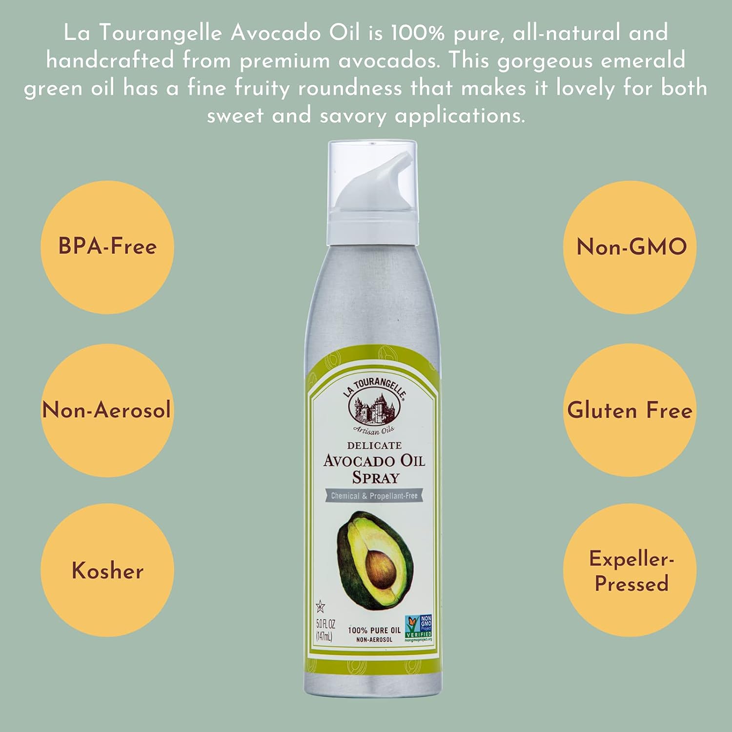 La Tourangelle, Avocado Oil Spray, All-Natural Handcrafted From Premium Avocados, Great For Cooking, Butter Substitute, And Skin And Hair Care, Spray Cooking And Grilling Oil, 5 Fl Oz