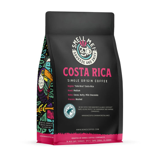 Bones Coffee Company Costa Rica Single-Origin Coffee Beans, Medium Roast Ground Coffee Gifts Low Acid Gourmet, Cocoa, Nutty, Milk Chocolate Notes (12 Oz)