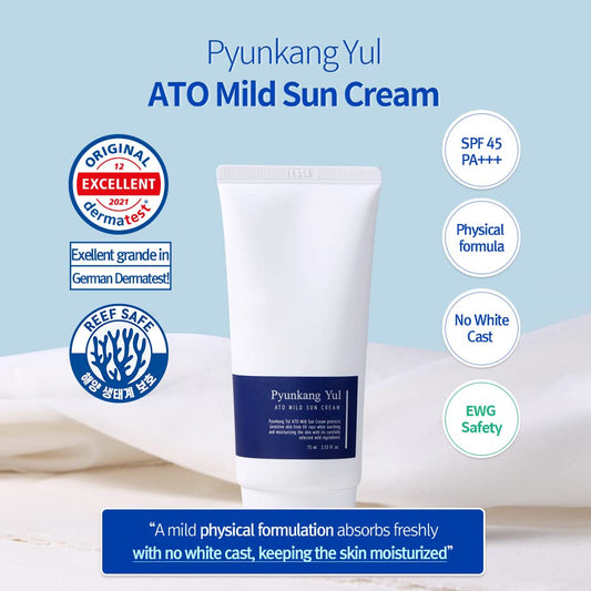 Pyunkang Yul Ato Mild Sun Cream- Hybrid Sunblock Spf 50 Broad Spectrum Safe Protection For Delicate, Sensitive Skin|No White Cast, Fragrance Free, Oil Free Sunscreen, Face Moisturizer, 2.53 Fl.Oz