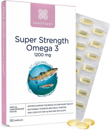 Healthspan Super Strength Omega 3 1,200Mg | Brain, Heart & Eye Health | 240Mg Dha & 360Mg Epa Per Capsule| Highly Purified To Remove Toxins | Sustainably Sourced Fish Oil (60 Capsules)