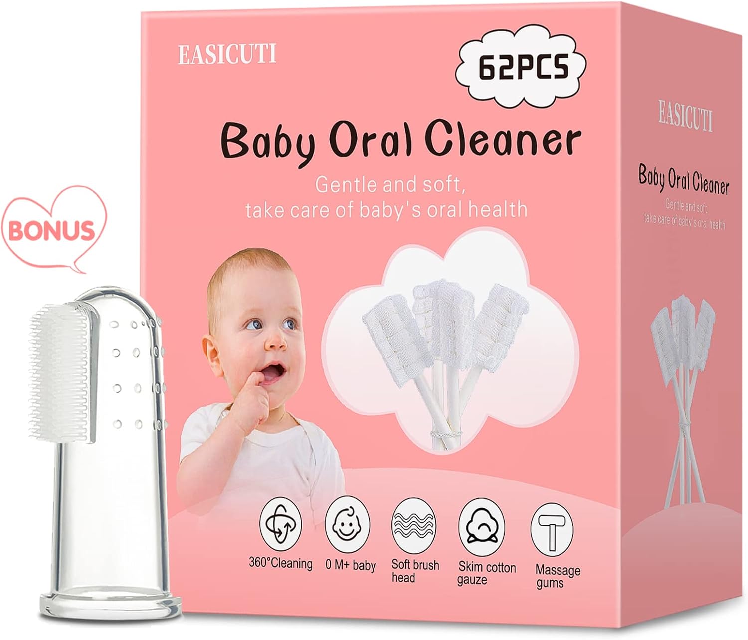 62PCS Baby Tongue Cleaner, Baby Oral Cleaner Newborn Baby Toothbrush,Disposable Infant Toothbrush Clean Baby Mouth,Gauze Gum Cleaner Stick Dental Care for 0-36 Month Baby+1 Finger Toothbrush with Case