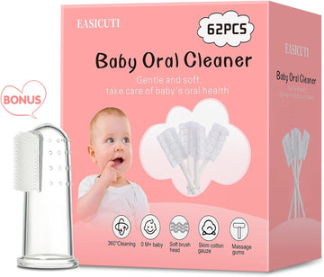 62PCS Baby Tongue Cleaner, Baby Oral Cleaner Newborn Baby Toothbrush,Disposable Infant Toothbrush Clean Baby Mouth,Gauze Gum Cleaner Stick Dental Care for 0-36 Month Baby+1 Finger Toothbrush with Case