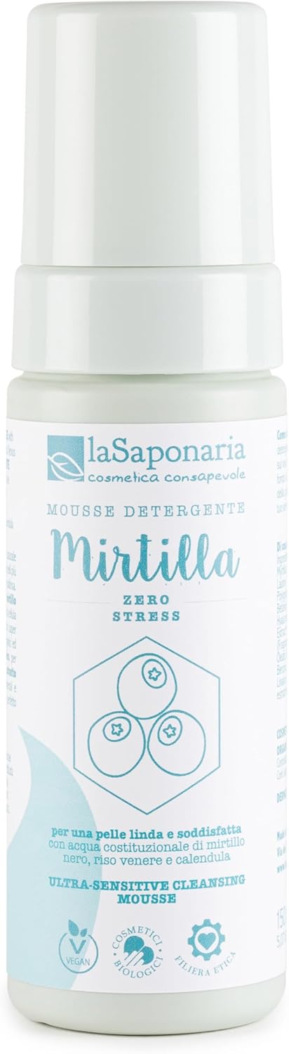 La Saponaria Mirtilla Cleansing Mousse, Hyaluronic Acid, Antioxidant, Moisturising, Marigold, Dermatologically Tested, All Skin Types, Natural, Vegan, Cruelty-Free, Ocean Plastic, Organic, 150Ml