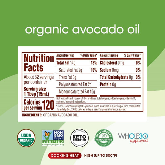 Nutiva Organic Steam-Refined Avocado Oil, 100% Pure, 16 Fl Oz, USDA Organic, Non GMO, Whole 30 Approved, Keto, Paleo, High-Heat Oil with Neutral Flavor and Aroma for Cooking & Frying