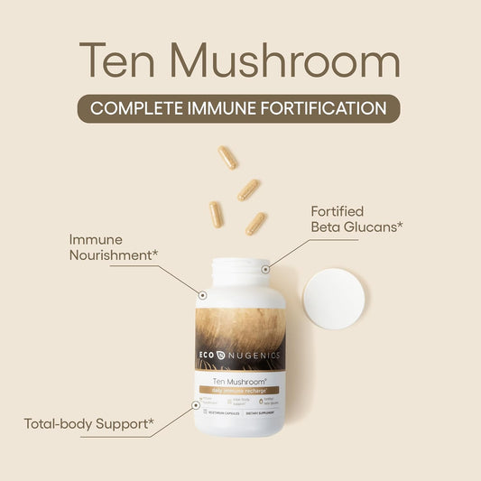 Econugenics Ten Mushroom Supplement: Daily Immune Support, 120 Capsules – Lion’S Mane, Reishi, Cordyceps, Turkey Tail, Maitake, Shiitake – Energy, Gut Health, Liver, Kidney & Nootropic Brain Support