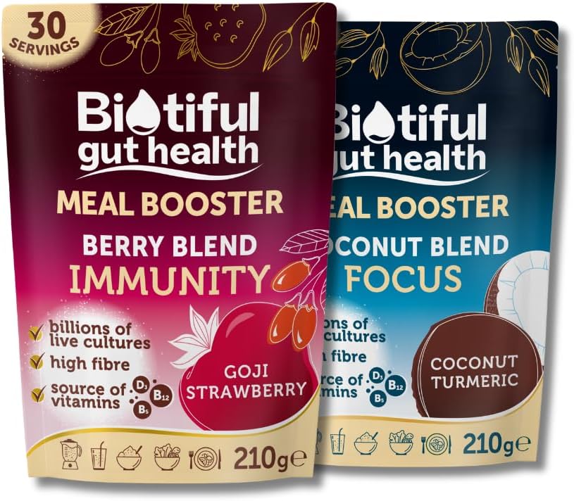 Biotiful Gut Health, Coconut Blend Focus & Berry Blend Immunity Bundle, Probiotics, Prebiotic Fibre, Source Of Vitamins D3 B5 B12, Greens Powder Alternative, Vegan Friendly, Gluten Free, 60 Servings