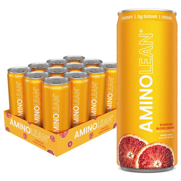 Aminolean Energy Drink – Sugar Free Amino Energy With Natural Caffeine & Vegan Amino Acids For No Jitters, Tingles, Or Crash, Blood Orange, 12 Pack