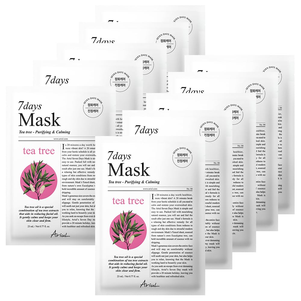 Ariul 7 Days Mask Heartleaf P – Calming & Moisturizing Korean Face Mask With Panthenol & Ceramide, Hydrating & Soothing, Pore Purifying, Vegan Sheet, 10 Masks, 23Ml / 0.77 Fl. Oz Each (Tea Tree M)