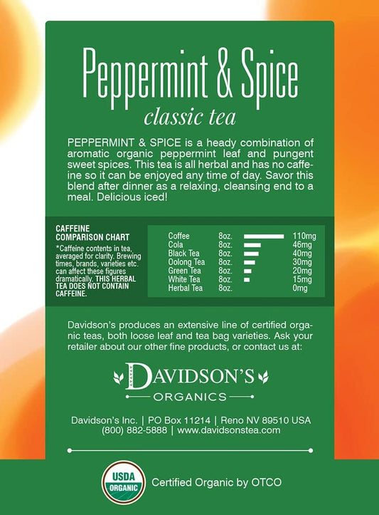 Davidson'S Organics, Peppermint & Spice, 8-Count Tea Bags, Pack Of 12