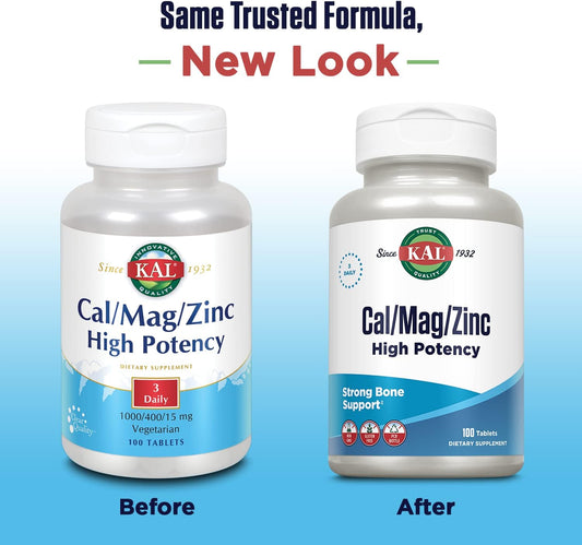 Kal Cal/Mag/Zinc | 1000Mg Calcium, 400Mg Magnesium & 15Mg Zinc | Bone, Muscle, Heart & Immune Support | 100Ct, 33 Serv