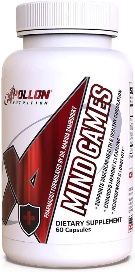 Apollon Nutrition Mind Games | Premium Brain Nootropic & Blood Flow Optimizer, Green Tea, CellFlo6, Alpha GPC, Sabroxy, Caffeine Free | 60 Capsules