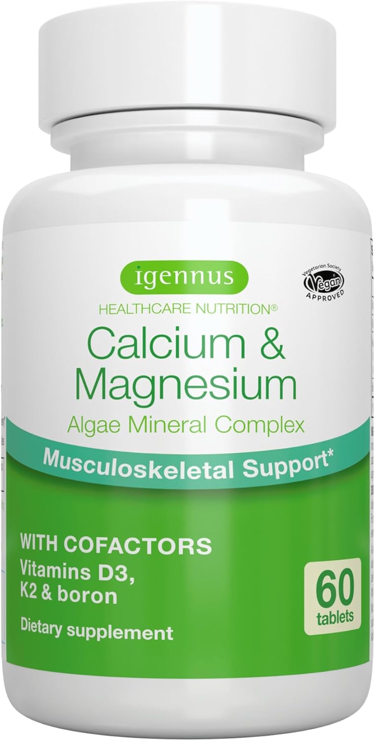 High Absorption Algae Calcium & Magnesium Supplement, Plant Based, K2 & D3, Non-Gmo Red Algae Mineral Complex For Bone & Teeth Support, With Boron, Vegan, 60 Tablets, By Igennus