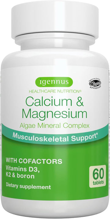 High Absorption Algae Calcium & Magnesium Supplement, Plant Based, K2 & D3, Non-Gmo Red Algae Mineral Complex For Bone & Teeth Support, With Boron, Vegan, 60 Tablets, By Igennus