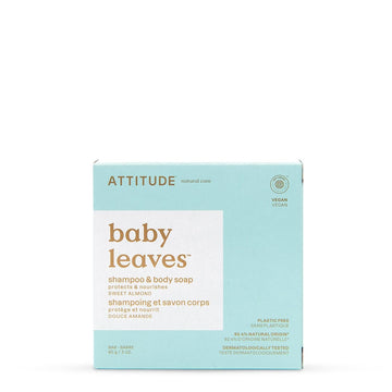 ATTITUDE Plastic-Free Shampoo and Body Soap Bar for Baby, EWG Verified, Dermatologically Tested, Vegan, Sweet Almond, 3 Ounces