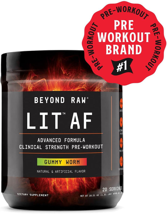 Beyond Raw Lit Af | Advanced Formula Clinical Strength Pre-Workout Powder | Contains Caffeine, L-Citruline, And Nitrosigine | Gummy Worm | 20 Servings