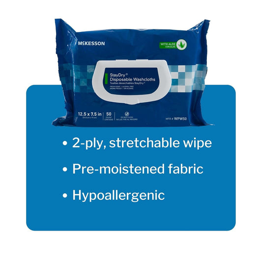 Mckesson Staydry Disposable Wipe - Large Adult Body And Incontinence Washcloths With Aloe And Vitamin E, Alcohol-Free, 100 Wipes Per Pack