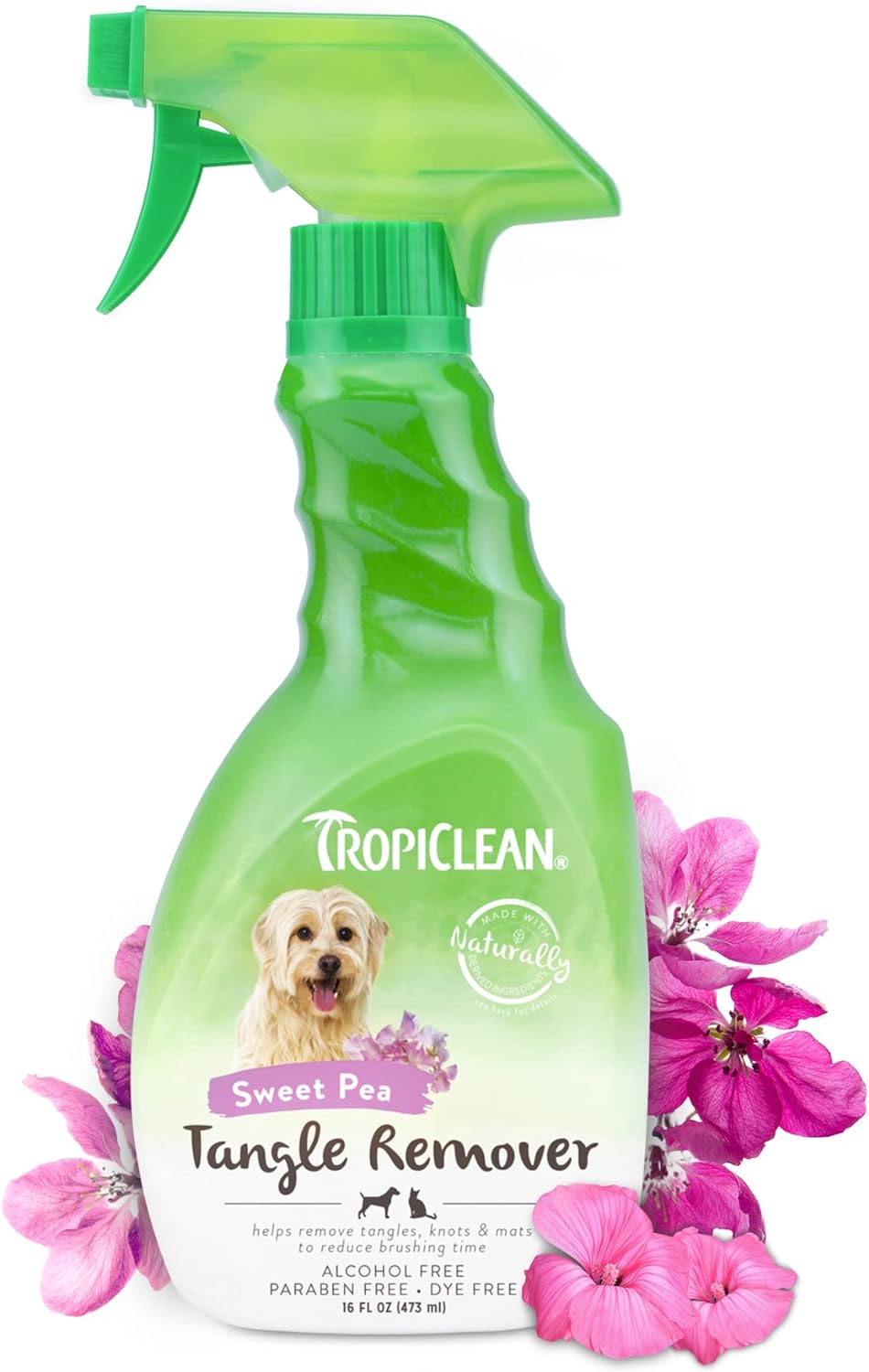 TropiClean Dog Detangler Spray Grooming Supplies - Dematting - No-Rinse Formula - Leave In Conditioner - Derived From Natural Ingredients - Used By Groomers - Sweet Pea, 473ml?TRTRSP16Z