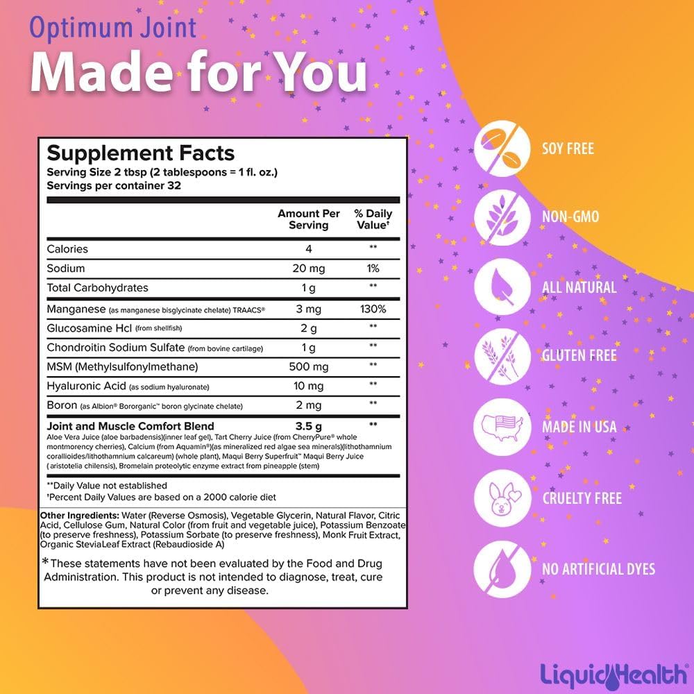 LIQUIDHEALTH Optimum Joint Support Supplement with Glucosamine Chondroitin MSM Hyaluronic Acid - Triple Strength Liquid Vitamins, Gluten-Free, Sugar-Free, Dairy-Free, Soy-Free Joint Juice (4pack) : Health & Household