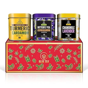 Blue Tea - Tea Gift Pack - 3 Tin Sets (Herbal Tea) - Chamomile Lavender (18Tb) - Turmeric Cardamom (15Tb) - Ashwagandha (15Tb) - Gmo Free - Gluten Free