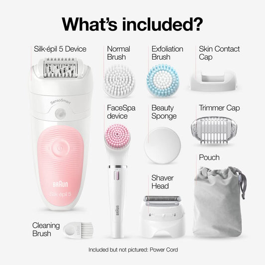 Braun Se5-895 Epilator, Hair Removal Device, Epilator For Women, Includes Shaver And Facial Cleansing Exfoliator Brush Attachments, Waterproof, Cordless And Rechargeable