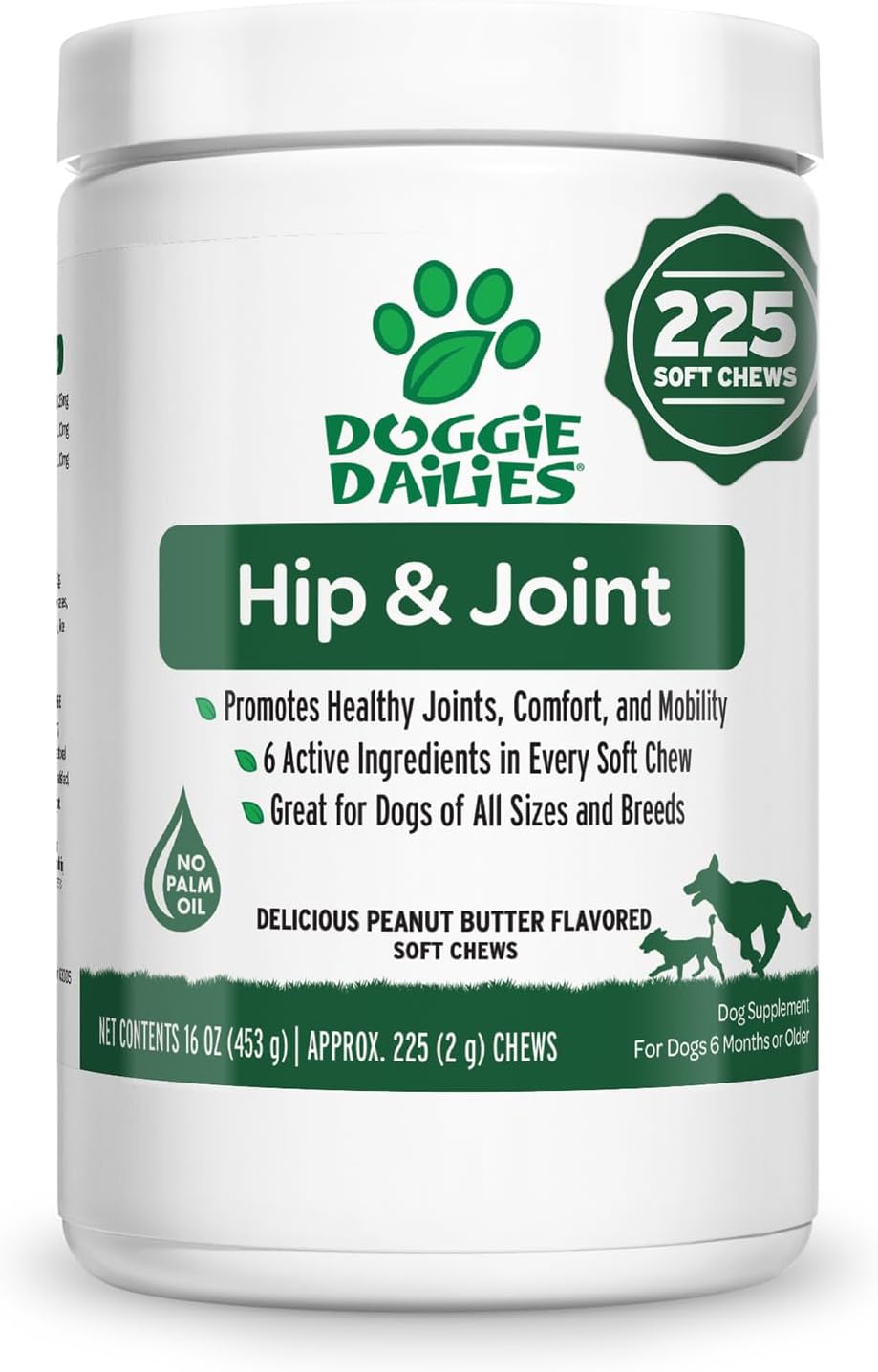 Doggie Dailies Glucosamine For Dogs - 225 Chews - Joint Supplement For Dogs Of All Breeds & Sizes - Hip And Joint Supplement For Dogs - Premium Glucosamine And Chondroitin For Dogs (Peanut Butter)