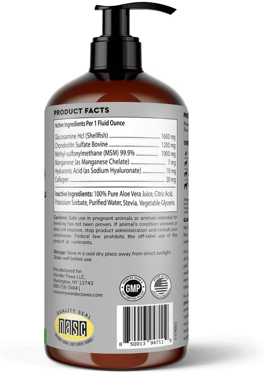 Premium Liquid Glucosamine For Dogs Strength Joint Support, Flexibility, Cartilage & Mobility - Hip And Joint Supplement With Chondroitin, Msm, Collagen & Hyaluronic Acid