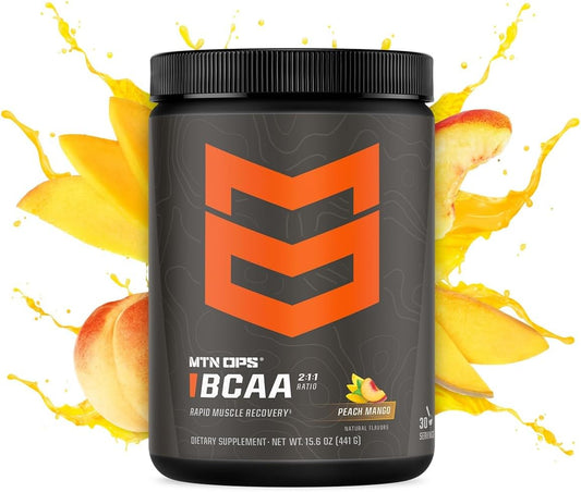 Mtn Ops Bcaa 2:1:1 Amino Acids Supplement Powder For Rapid Muscle Recovery & Repair With Zero Sugar & Gluten Free (30-Serving Tub, Peach Mango)