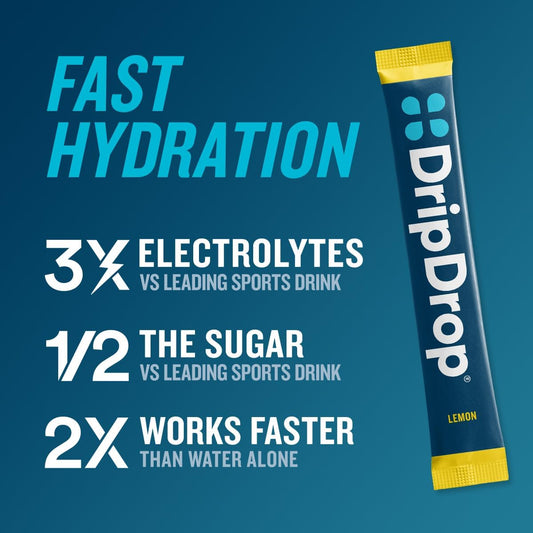 Dripdrop Hydration - Lemon - Electrolyte Drink Mix Single Serve Hydration Powder Packets | Non-Gmo, Gluten Free, Vegan | 32 Sticks