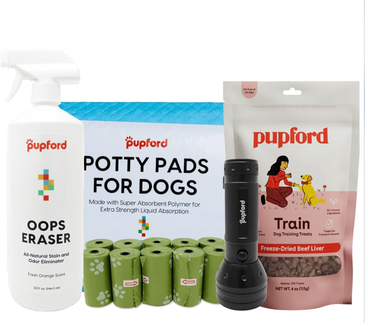 Pupford Ultimate Potty Training Pack, Includes Poop Bags, Potty Pads, Beef Training Treats, Oops Eraser Enzymatic Cleaner And Blacklight