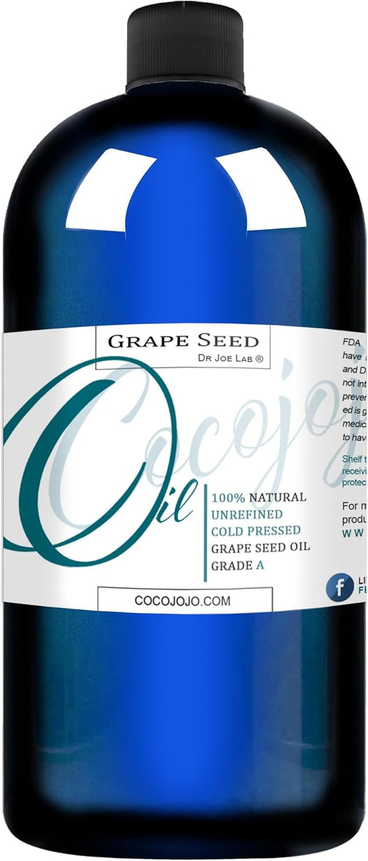 Grapeseed Oil - 100% Pure Unrefined Cold Pressed All Natural Non GMO Vegan Grape Seed Cold Pressed 16 or 32 oz Body Hair Face Skin Massage Moisturizing Premium Quality -Packaging May Vary - (32 oz)