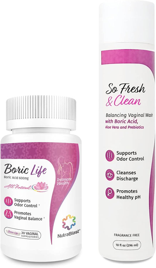 Nutrablast Boric Acid Vaginal Suppositories And So Fresh & Clean | Supports Odor Control | Cleanses Discharge | Promotes Intimate Balance (30 Count & 10 Fl Oz)