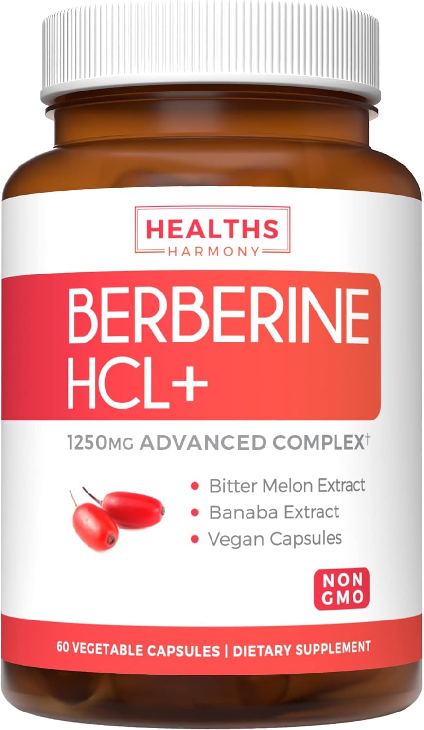 Berberine Supplement (Non-Gmo & Vegetarian) Berberine Hcl Plus Bitter Melon & Banaba Leaf Extract Capsules - Berberine 500Mg Each, 1000Mg Per Serve - Ampk Metabolic Activator - 60 Caps (No Pills)