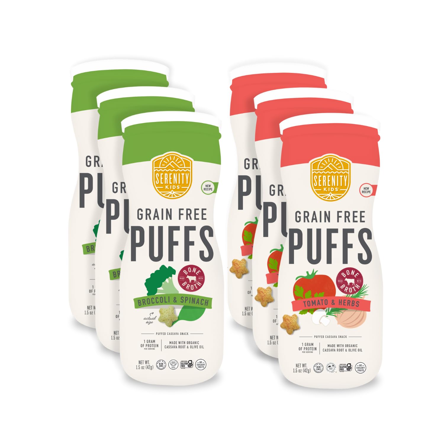 Serenity Kids 6+ Months Grain Free Puffs Toddler & Baby Snack | No Added Sugar, Gluten & Rice Free, Allergen Free | Made With Organic Cassava, Veggies, And Herbs | Bone Broth Variety Pack | 6 Count