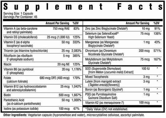 Seeking Health Multivitamin One Mf, 1 A Day Multivitamin Supplement For Adults, Methyl-Free Bioavailable B12 And Folinic Acid, Vitamin A, Pqq, Mthfr Support, Vegetarian Capsules (45 Capsules)