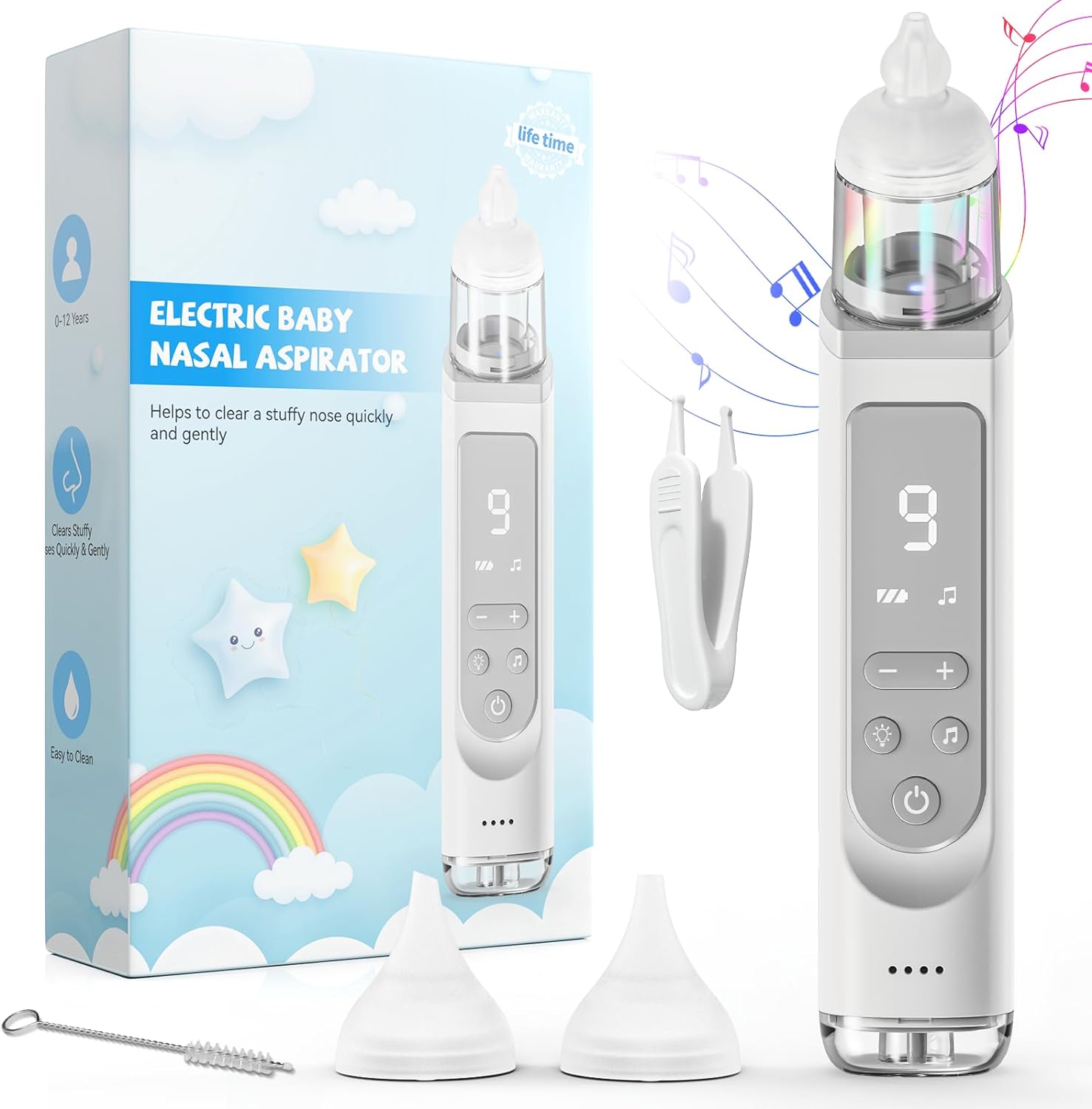 Nasal Aspirator for Baby, Baby Nose Sucker, Electric Nose Suction for Toddler with 3 Silicone Tips, 9 Adjustable Suction Levels, Light Soothing Function&Nursery Rhymes