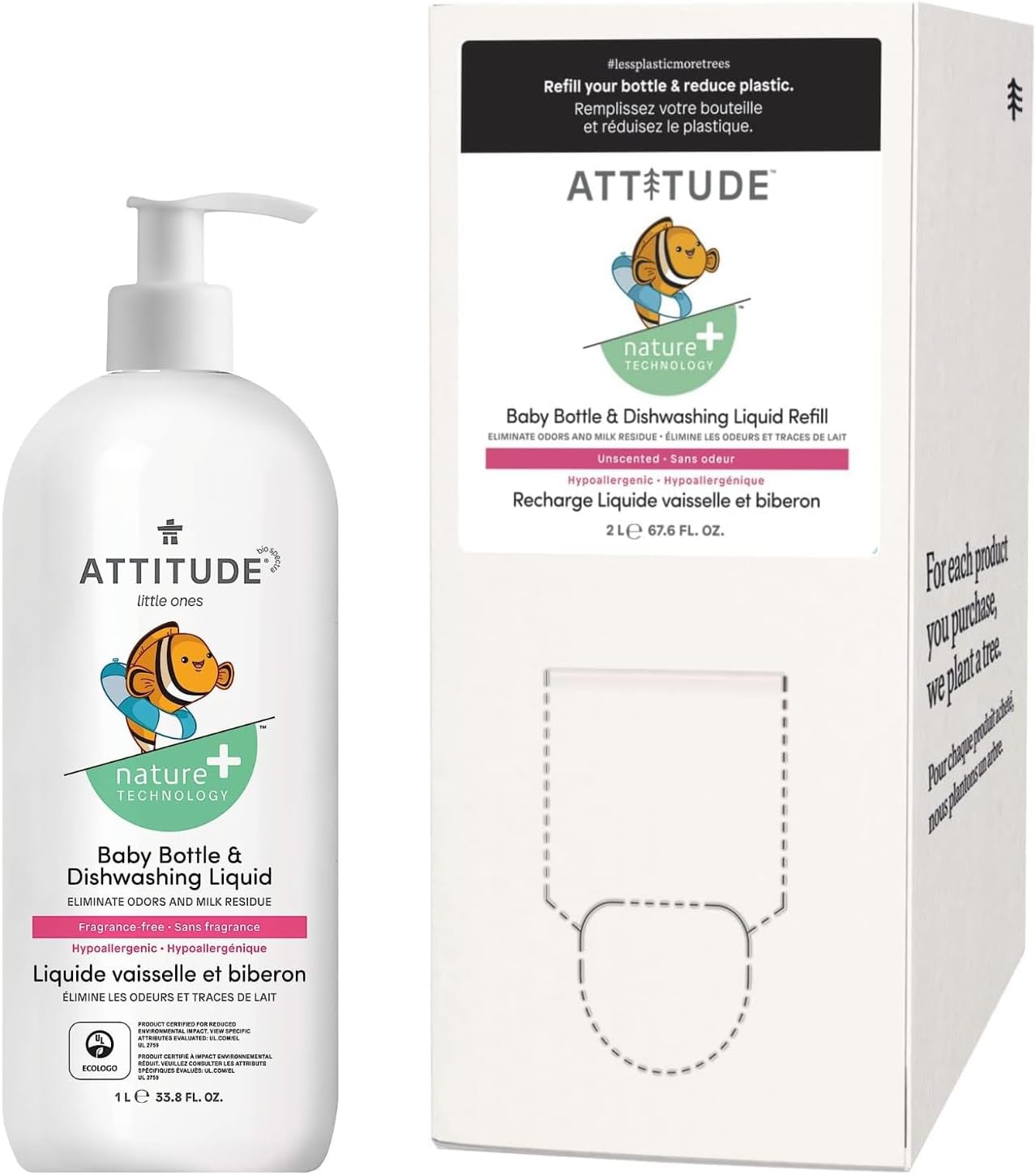 Bundle Of Attitude Baby Dish Soap, Plant-Based Dish Liquid, Extra Gentle On Sensitive Skin, Tough On Milk Residue & Grease On Bottles, Fragrance Free, 33.8 Fl Oz + Bulk Refill 67.6 Fl Oz