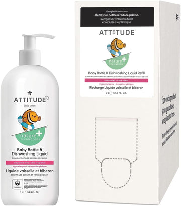 Bundle Of Attitude Baby Dish Soap, Plant-Based Dish Liquid, Extra Gentle On Sensitive Skin, Tough On Milk Residue & Grease On Bottles, Fragrance Free, 33.8 Fl Oz + Bulk Refill 67.6 Fl Oz