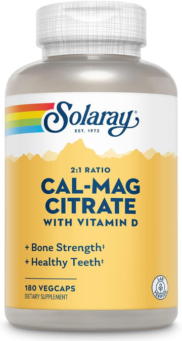 SOLARAY Calcium & Magnesium Citrate 2:1 Ratio w/Vitamin D-3, Healthy Bones, Muscle & Nervous System Support, High Absorption 180 Capsules